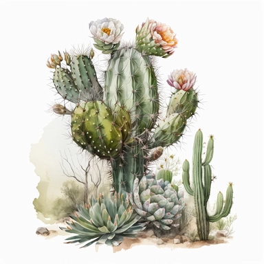 watercolor art, stunning desert cacti clipart featuring a single majestic cactus, set against a pristine white background, highlighting its natural beauty and elegance. no text, no caption