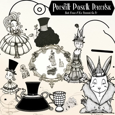 a set of postmodern black line clipart inspired by Alice in Wonderland and Grimms Fairy Tales