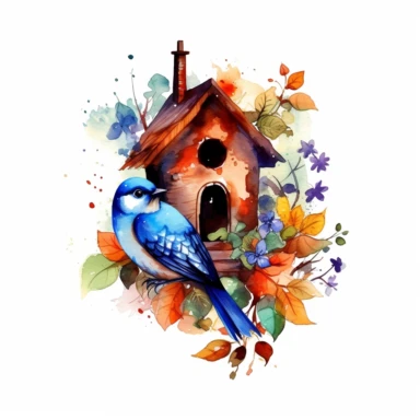 vector clipart, isolated on white background, beautiful lovely Watercolor Spring wooden bird house hanging on the tree with blue berries, ornated, vivid and saturated colors