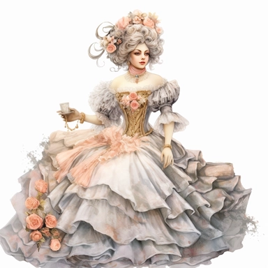 watercolor, pastel colored, Victorian Rococo Queen in the style of digital airbrushing, realistic yet stylized, digitally enhanced, elaborate dresses with flowers and bows, 32k uhd, detailed crosshatching white background, clipart