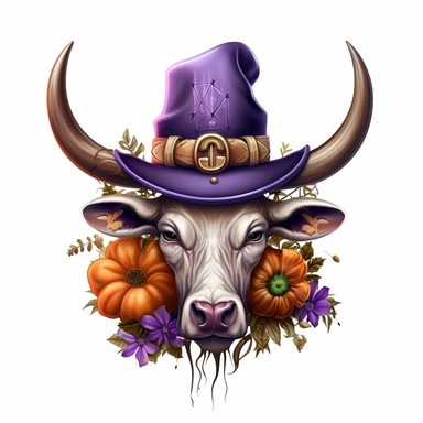 3D super realistic halloween Longhorn Cow Head with a witch's purple hat on his head among pumpkins clipart
