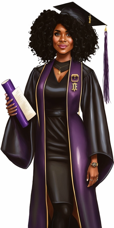 ultra realistic pixar clipart, Lousiana State University Graduation Gown, Kinte Cloth Stoll, Black Graduation Cap, Purple and Gold, Tassle, Right Arm stretched up, Right hand holding a diploma, LSU College Graduate, Beautiful Black Girl Magic Melanin Black, black high heel pumps, African American,