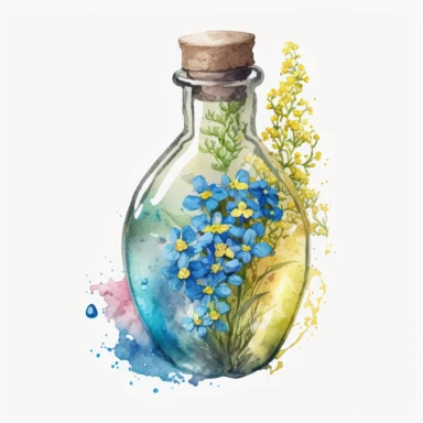 a vial of potion with myosotis inside, blue and yellow vibes, watercolor clipart