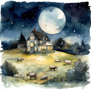 clipart style, watercolor scene of An enchanting image of a Dreamy Farmstead, showcasing a moonlit sky illuminating a quaint farmhouse nestled amidst lush fields. The stars twinkle overhead as farm animals, including cows and sheep, find respite in the peaceful surroundings. The illustration captures the idyllic and dreamy atmosphere of a tranquil farmstead at night, HD, on white background