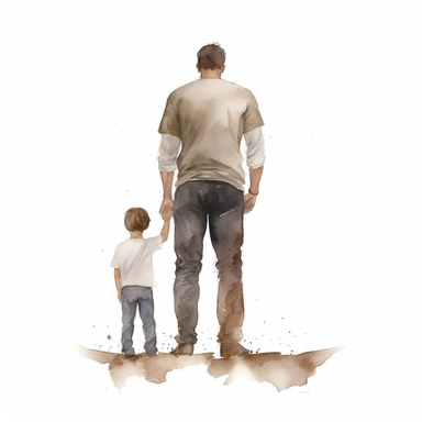 father standing with older son, facing away from camera, watercolor illustration with plain white background, clipart