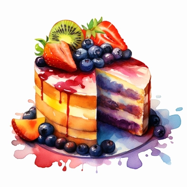 watercolour fruit cake clipart, hd, on white background, spaced out ar 3:2