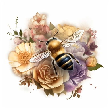An exquisite honey bee clipart surrounded by a vibrant bouquet of flowers, with no background to distract from the natural beauty. The bee delicately perched on a blooming flower, its fuzzy body contrasting against the petals, while its translucent wings add a touch of ethereal grace. This clipart provides a perfect blend of nature's wonders