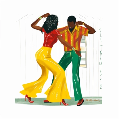 a black couple jazz dancing, dressed in red, green and yellow colors, the sugar shack Ernie Barnes art, juneteeth clipart, faceless, watercolor art, , white background