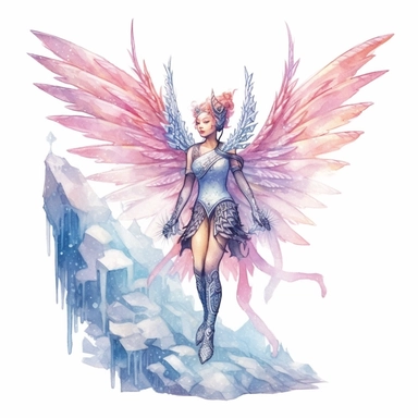 Within a sparkling ice cave, a resilient blue, pink, and purple steampunk pixie glides gracefully on icy winds, her wings glistening with frost. White background, intricate details, retro-futurism, watercolor clipart, hyper-realistic