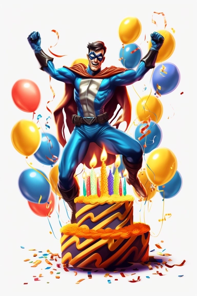 Generate a realistic clipart image of a superhero character's birthday celebration. Show the superhero character blowing out candles on a birthday cake while surrounded by balloons and streamers. Include a festive party atmosphere with a white background.
