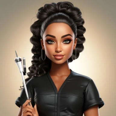 bratz doll clipart of an aesthetics practitioner in black nurse scrub clothing, holding a syringe