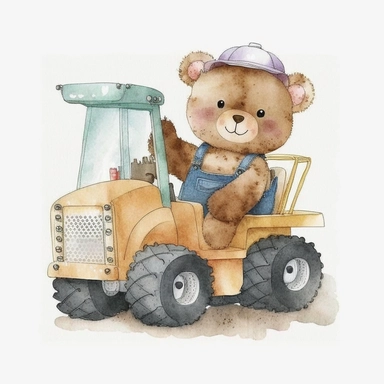 watercolor, boho style, cute, nursery art, teddy bear in a construction vehicle, waving and smiling on a white background, Clipart