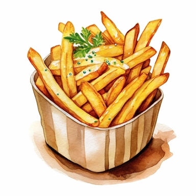 an enchanting watercolor, hyper-realistic clipart image with a white background and white margins, featuring a basket of truffle fries--fries drizzled with truffle oil and sprinkled with Parmesan cheese and fresh herbs. The ultra-detailed, hand-drawn elements capture the aromatic toppings and the golden fries. Use bold shades of yellow and green to create a visually captivating image that showcases the gourmet flavors of this elevated twist on French fries