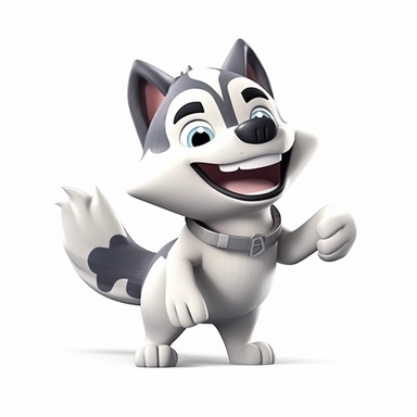 oilpainting, 2d icon of a super cute cartoon smiling husky in the play bow position clipart full body, 3d rendering, white background, clean