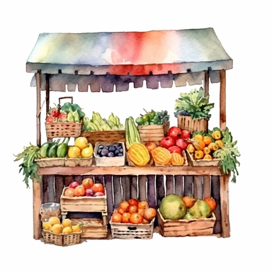watercolor colorful clipart of a bountiful farmer's market, hd, on white background