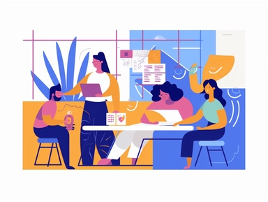 clipart scene of a diverse office staff working together in an office, Alegria style, corporate memphis style, flat art, bold colors, upbeat, happy, friendly, high resolution, 8k