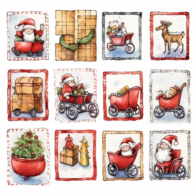 Watercolor line art, little squares filled with doodly patterns of santa sleigh, illustrations clipart set, simple, christmas colors , cartoon elements, different variants , modern art, separate elements with a margin