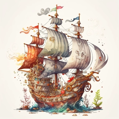 children's book illustration of a pirate galleon, smooth watercolor details, in the style of Pixar, superb color, outline, nursery art, popular on pinterest, clipart, trending on artstation, minimalist, flat design, white background, insane deails, intricate details 3587482474