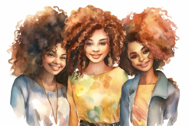 3 brown skin sisters with big hair, colorful watercolor clipart