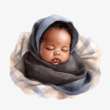 Watercolor cute new born black baby on a cute blanket, clipart, singel clipart, High resolution, beige color blanket, 8k