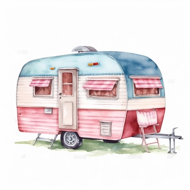 watercolor vintage camper trailer stock clipart , in the style of dark pink and light blue, hd
