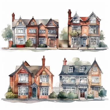 watercolor semi detached london houses , illustrations clipart set, simple, , cartoon elements ,different variants , separate elements with a margin
