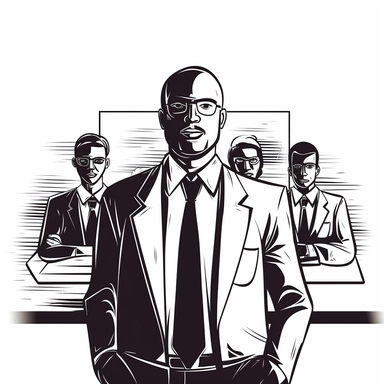 white image, black outline, black man boss in an office supervising employees, icon, clipart
