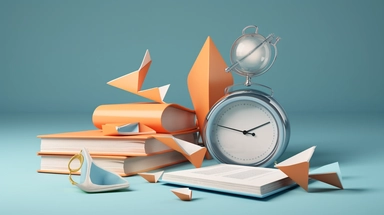 book, paper plane, paper clip, magnifying glass, magnifying glass, clock, 3d rendering, education concept, 3d, in the style of light azure and orange, sculptural ceramics, atey ghailan, website, piles/stacks, subtle color palette, mid-century