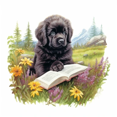 A Newfoundland puppy reads a book called Loyalty on a rock amidst flowers and grass clipart