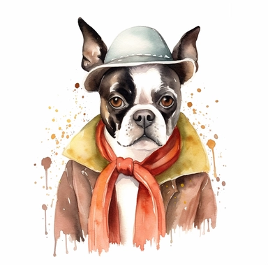 An adorable watercolor clipart of a Doggy Diva wearing a fashionable outfit, brindle and white Boston Terrier