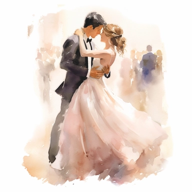 First Dance Clipart: This watercolor piece illustrates a couple's first dance, capturing their joy and love in soft pastel hues.