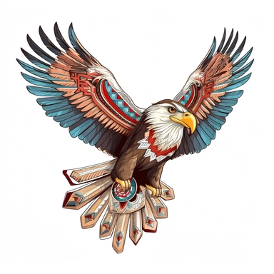 Cute Beautiful Native American Eagle Flying Sublimation Clipart, Cartoon, hyper realistic, intricate detail, illustration style, high solution, on the white background