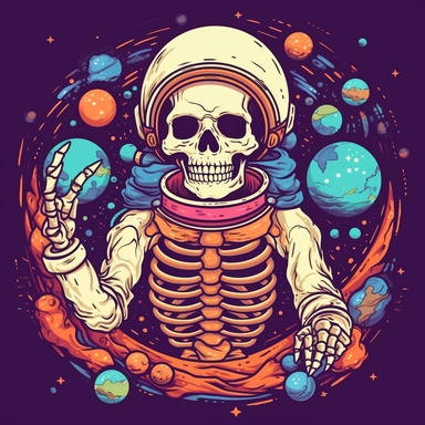 clipart of psychedelic skeleton in space, cartoon style, vector, on a white background