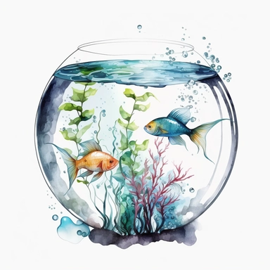 Watercolor fish inside aquarium, clipart, white background, no text