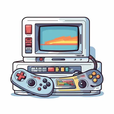 a stylized retro gaming console wired to its controllers plugged to CRT TV , vector illustration for t-shirt, clipart, white background