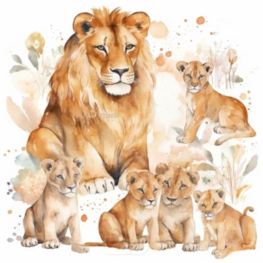 family, baby, lion and lioness,Watercolor Clipart high quality, white background , lion and lioness, cute, love