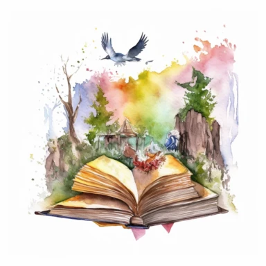 Watercolor Fantasy open Books Clipart with fantasy castlle, birds, the perspective is from a road from forest mistic look, magic colorful admosfere, hight quality white background