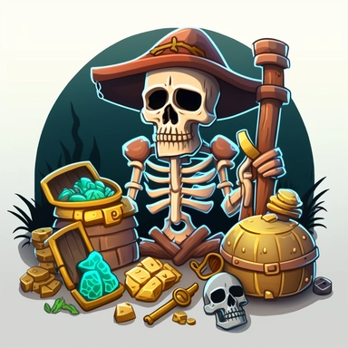 cartoon icon for a skeleton pirate trader that earn its life trading in a deserted island with food, clipart style, round cut, trader has on the table crafting survival game tools as axe, pickaxe, he has on the table gold ingots, piles of gold coins, gems and goodies, skeleton trader pirate island, trader has on the table bananas,