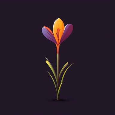 A cartoon of a single Crocus plant, vibrant colors, dark background, modern minimalist clipart