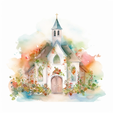 watercolor painting of wedding chapel clipart on plain white background, painted in the style of chiho aoshima
