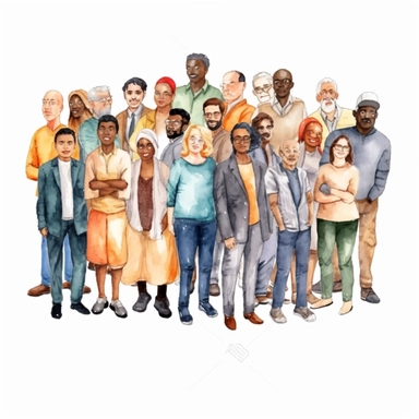 watercolor, Portrait of diverse people standing together Group men and women of different nationalities and ages isolated. United of various generations. Social diversity or population png Full body realistic cartoon in 32K UHD cute. 15 cm thick outline. Black color. There was no shadow on the ground. 8k with realistic watercolors and detailed illustrations. PNG clipart, transparent white background