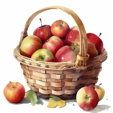 Apple basket clipart - This wicker basket contains a variety of red and green apples freshly picked from an autumn orchard. Ideal for, watercolor style, white background