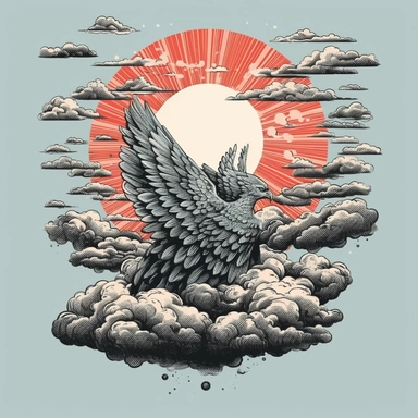 clipart, pastel blue sky, gray black clouds, red sun, white angels fly in the clouds, realism, t-shirt design, white background, Animated GIF,