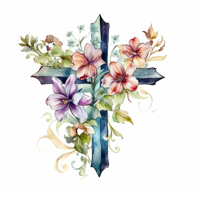 Watercolor sketch of floral cross, natural single design, highlydetailed, clipart style, white background, 8k