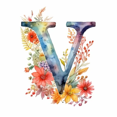 watercolor clipart of large letter W surrounded by tiny colorful wildflowers