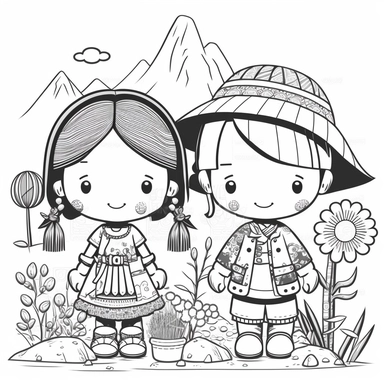 Landscape, simple, traditional costume, local food, animal, educational, history, and cultural diversity, clipart style, cute, picture book style, captivating, kid friendly cute character, black and white, coloring book, not color style, cartoon style, vector image, simple, line art style, character, white background