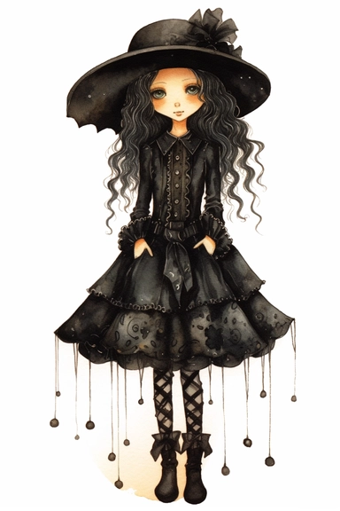 watercolor mixed media goth steampunk girl entire body in goth steampunk graduation dress illustration clipart by holly hobbie