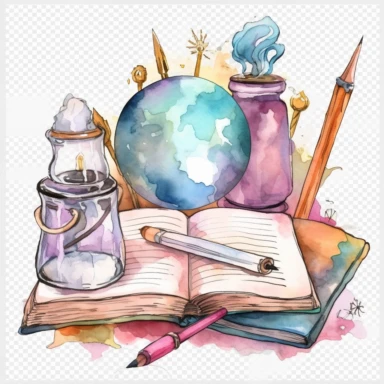 tarot cards, magic crystal ball, notebook, quill, dripped inkwell, watercolor clipart, light colors, isolated white background, 8k