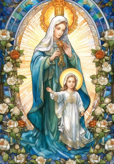 A sharp photograph of an expensive portrait, pay particular attention to the shape of your hands, less watercolor stained glass Madonna and child with matching crowns full body clipart, the Madonna is wearing a medium aquamarine blue mantle with bright white stars on it and the child is wearing a bright white robe, behind them is shimmering bright light, around many blue roses, highly detailed, white background, in the style of Catholic religious art, artist Andrea Lezcano, Vincent Van Gogh, in 