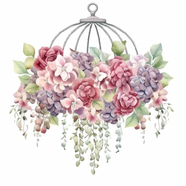 Design a dreamy watercolor clipart of a chinese-inspired Hanging basket overflowing with a Bouquet of roses, hydrangeas, and berries in muted and rustic tones arranged in a refined and elegant display composition, hand-painted with soft and graceful brushstrokes. Draw inspiration from the artistic finesse of Ethereal Petals Watercolors for a refined and ethereal depiction. isolated on a white background, hand-drawn illustration, hand-painted watercolor texture, 16k UHD resolution, intricately de